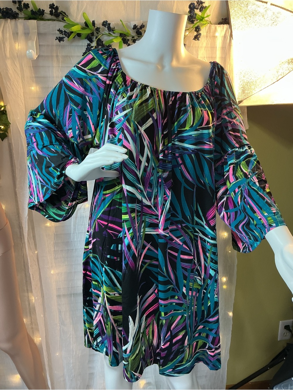 Dear Scarlett Mia Tropical Leaf Print Dress - Black with Teal, Pink & Green